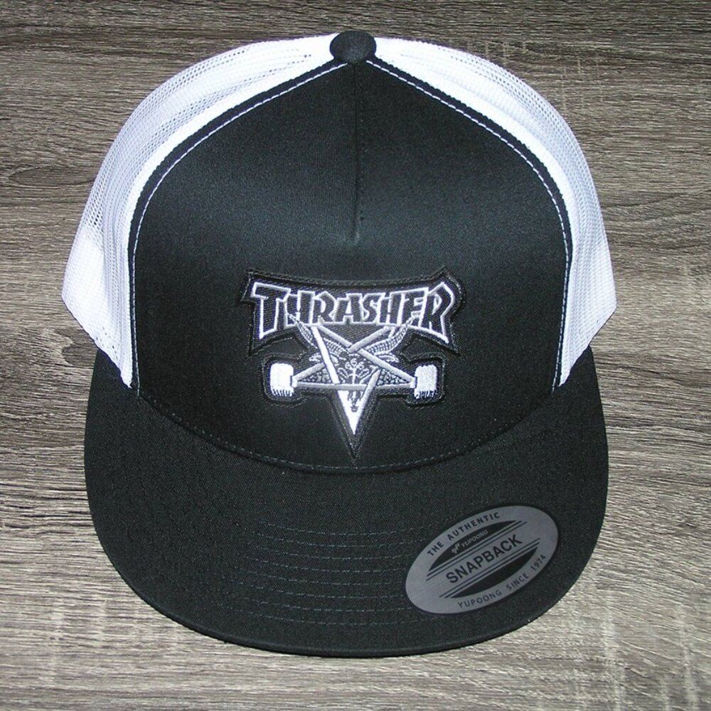 Thrasher Patch on Trucker Hat Yupoong/YP Classic 6006 Snapback Black/White